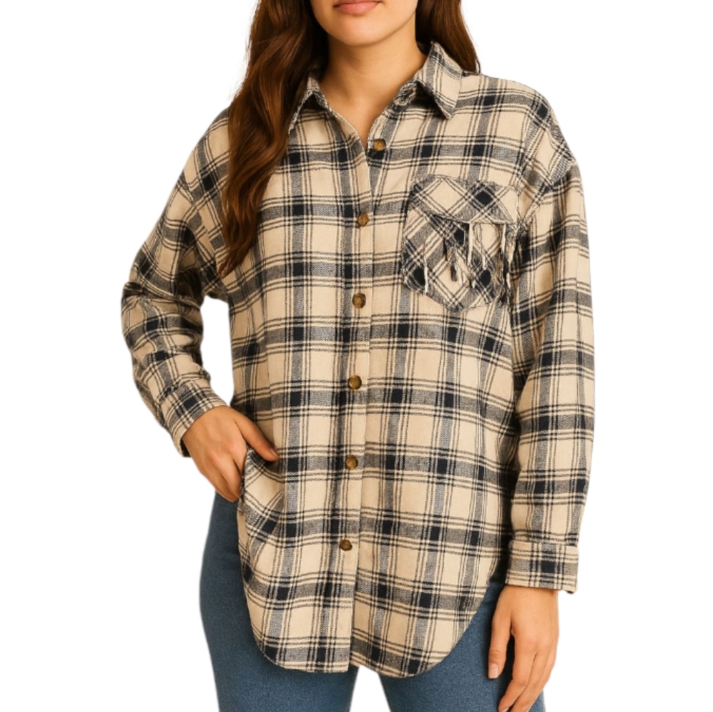 Davi&Dani Plaid Flannel Western Inspired Button-up Shirt with fringe size 1XL